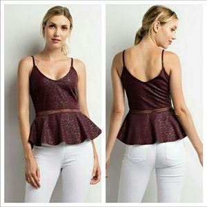 Vegan Leather Peplum Top In Burgundy